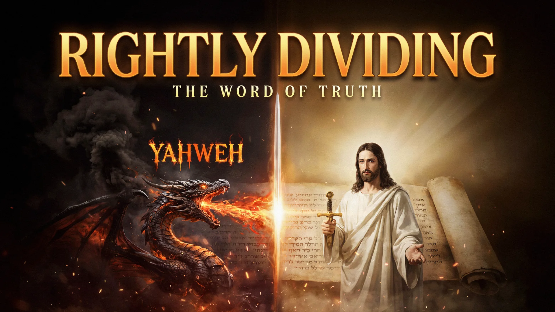 A sword of light divides an Old Testament scroll between a fire-breathing dragon marked Yahweh and Jesus in golden light, under the title Rightly Dividing the Word of Truth