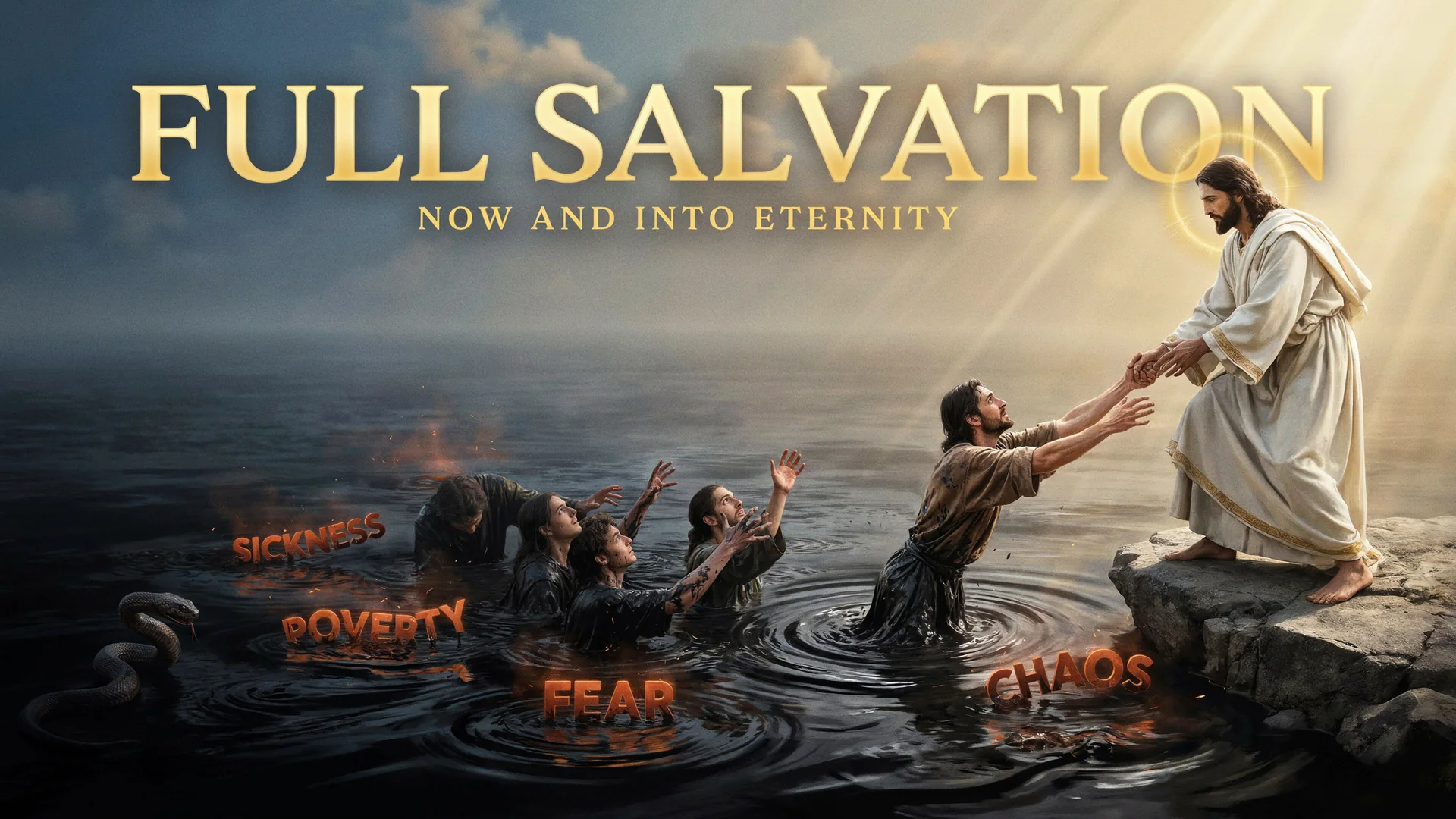 Jesus, radiant in light, pulls people out of a black mire marked sickness, poverty, fear and chaos, under the title Full Salvation, Now and Into Eternity